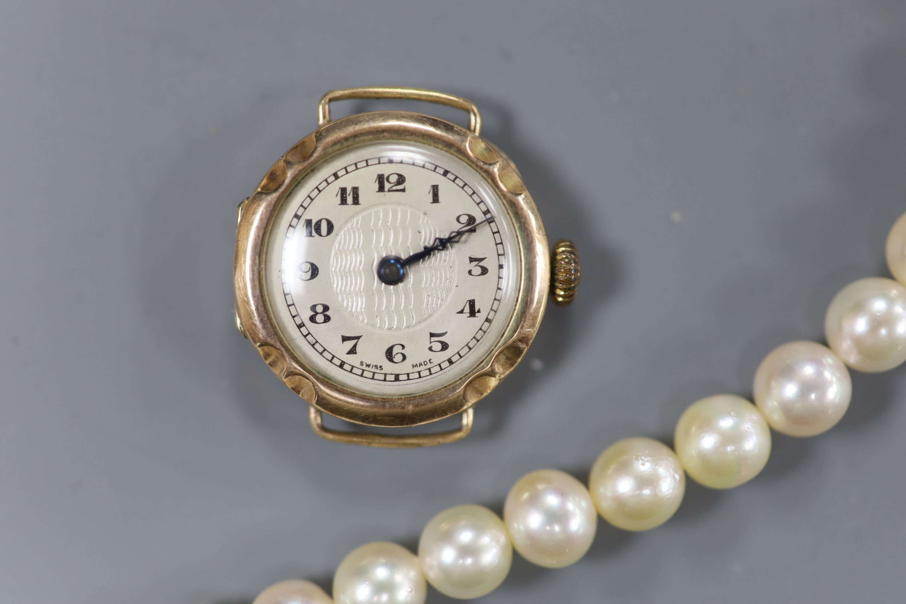 A single row cultured pearl necklace with 9ct gold pearl-set flowerhead clasp and five other items
